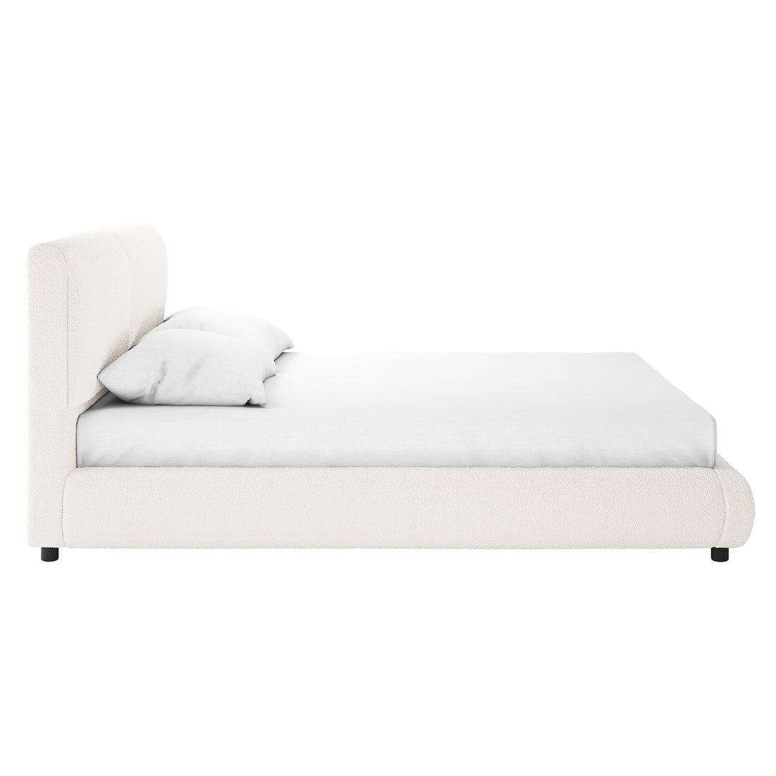 Stacy Queen Boucle Bed Frame in Cream White features a tall, padded headboard, upholstered in luxurious boucle fabric, with a sleek platform design and small black feet, creating a modern bedroom centerpiece.