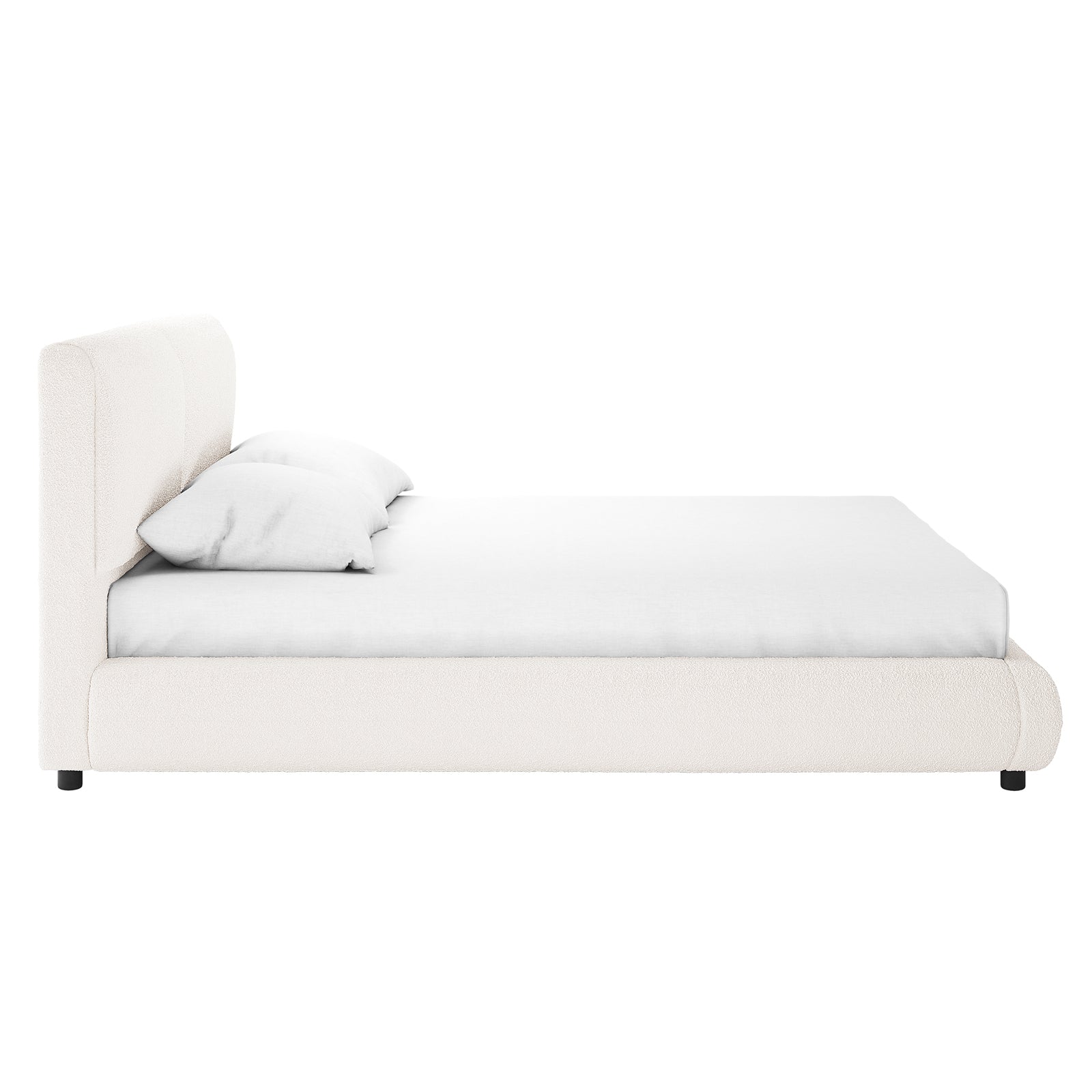 Stacy Queen Boucle Bed Frame in Cream White features a tall, padded headboard, upholstered in luxurious boucle fabric, with a sleek platform design and small black feet, creating a modern bedroom centerpiece.