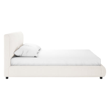 Stacy Queen Boucle Bed Frame in Cream White features a tall, padded headboard, upholstered in luxurious boucle fabric, with a sleek platform design and small black feet, creating a modern bedroom centerpiece.
