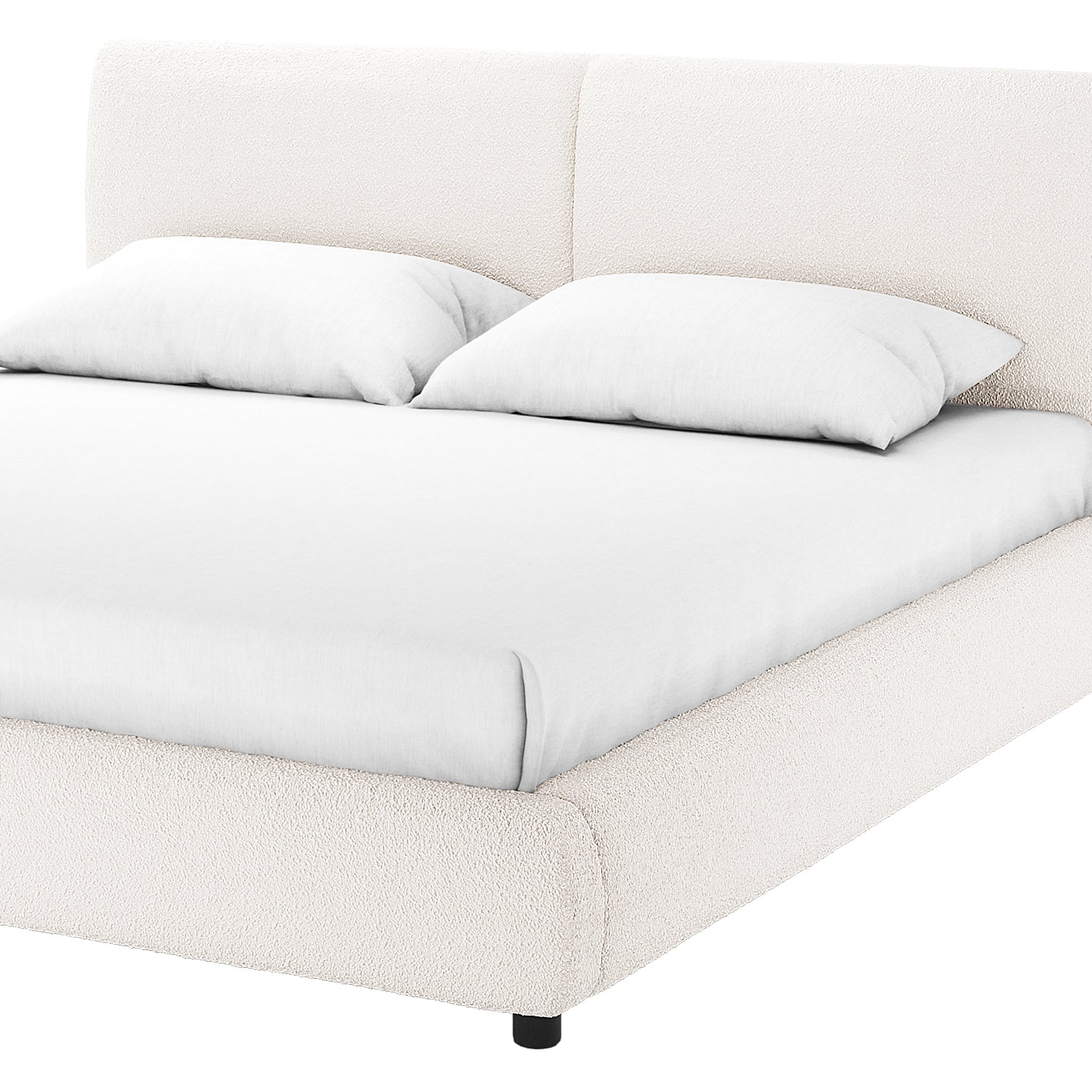 Stacy Queen Boucle Bed Frame in Cream White, featuring a modern upholstered platform design with a padded headboard in vertical panels, matching rails, and short black legs, showcasing elegance and comfort.