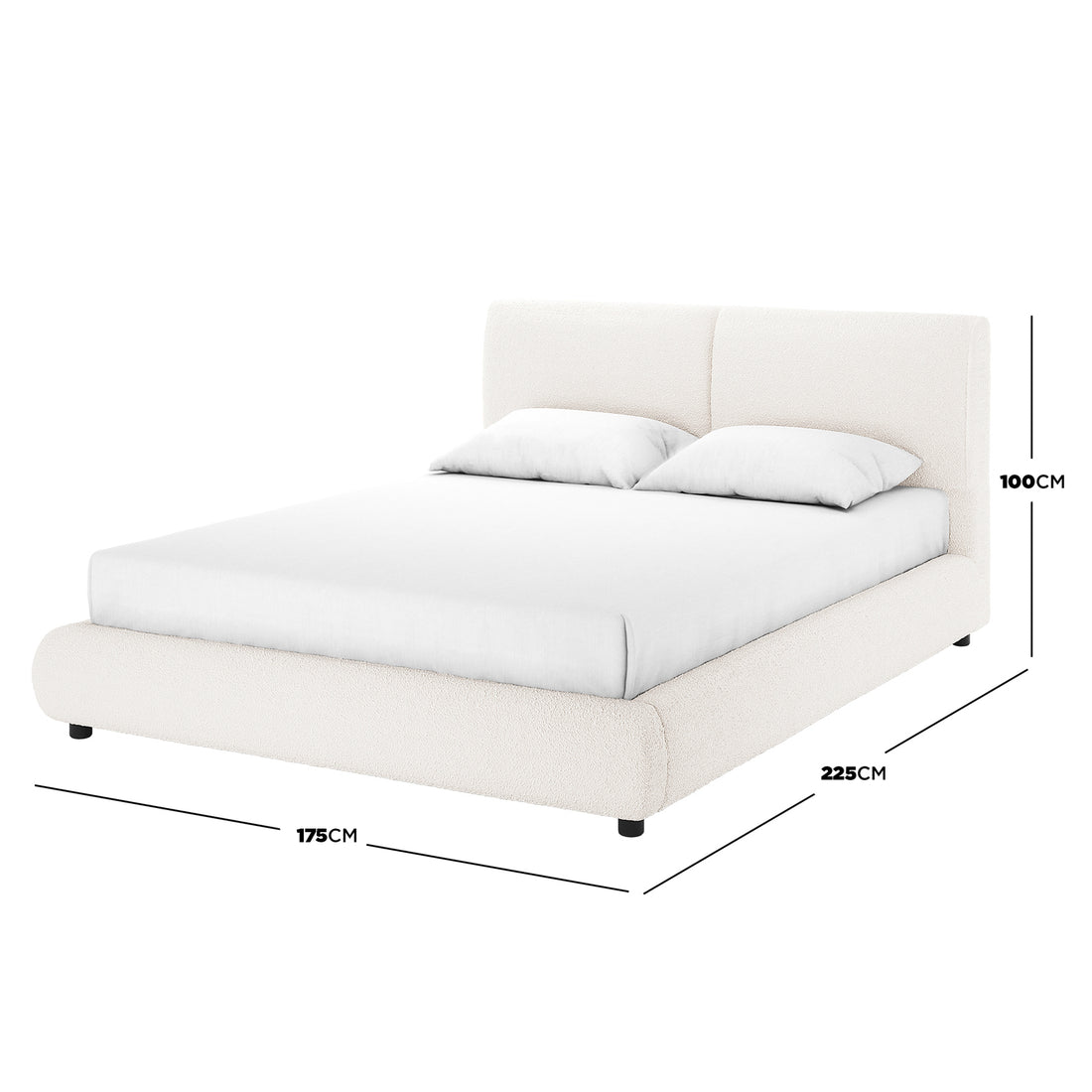 Stacy Queen Boucle Bed Frame in Cream White, features a low-profile design with textured upholstery. Includes a padded headboard, white mattress, and pillows, measuring 225cm depth, 175cm width, 100cm height.