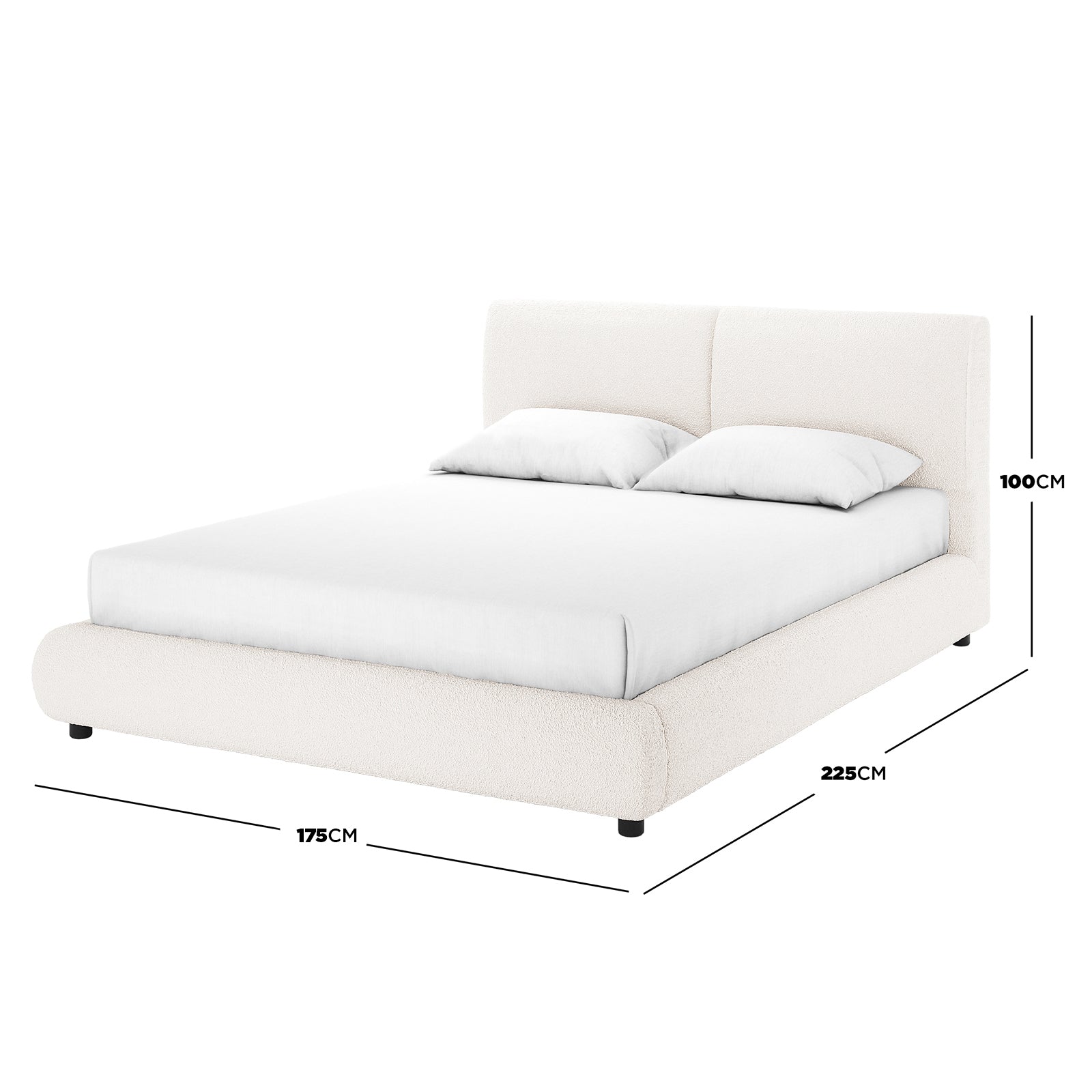 Stacy Queen Boucle Bed Frame in Cream White, features a low-profile design with textured upholstery. Includes a padded headboard, white mattress, and pillows, measuring 225cm depth, 175cm width, 100cm height.