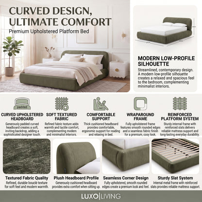 A product feature infographic for the Premium Upholstered Platform Bed in green, highlighting its curved upholstered headboard, soft textured fabric, comfortable support, wraparound frame, and reinforced platform system.