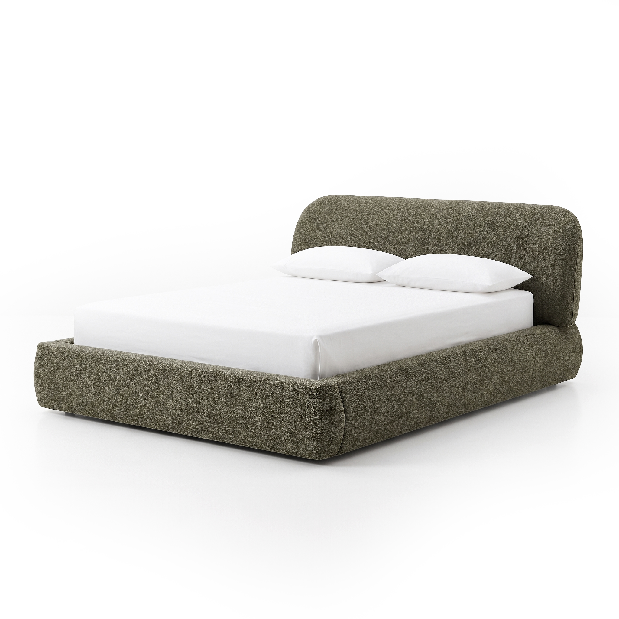 Modern upholstered bed on a white background with white bedding and pillows