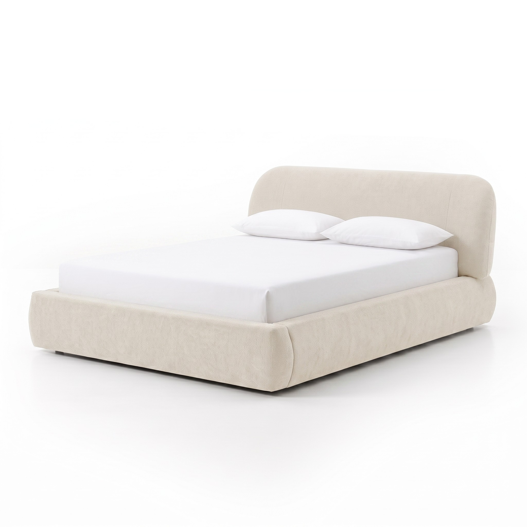 Cream upholstered bed with white bedding on a white background