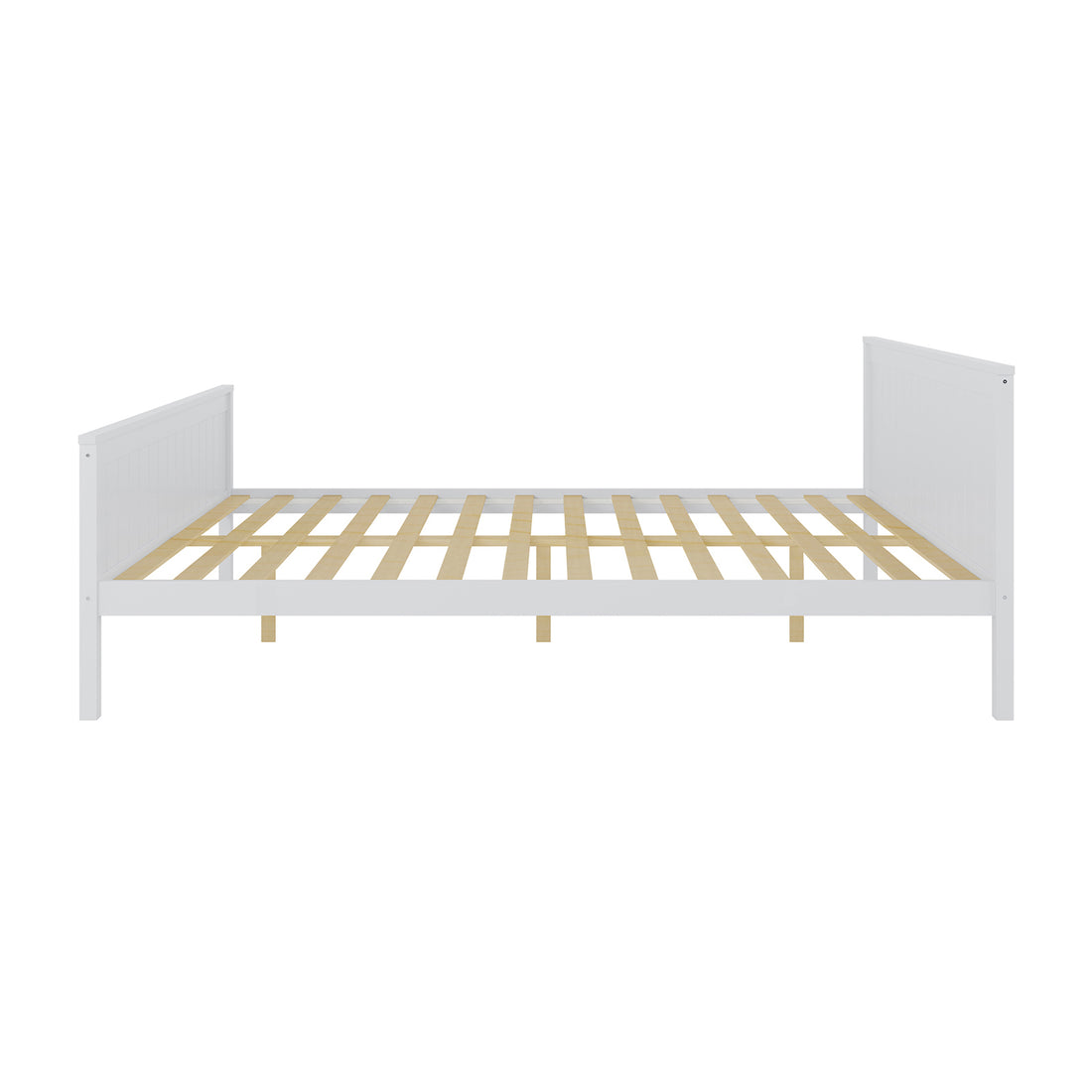 Close-up of the Tertia Solid Pine Timber Bed Frame Queen, showcasing its sturdy white frame with wooden slats, highlighting its robust design and craftsmanship for exceptional mattress support.