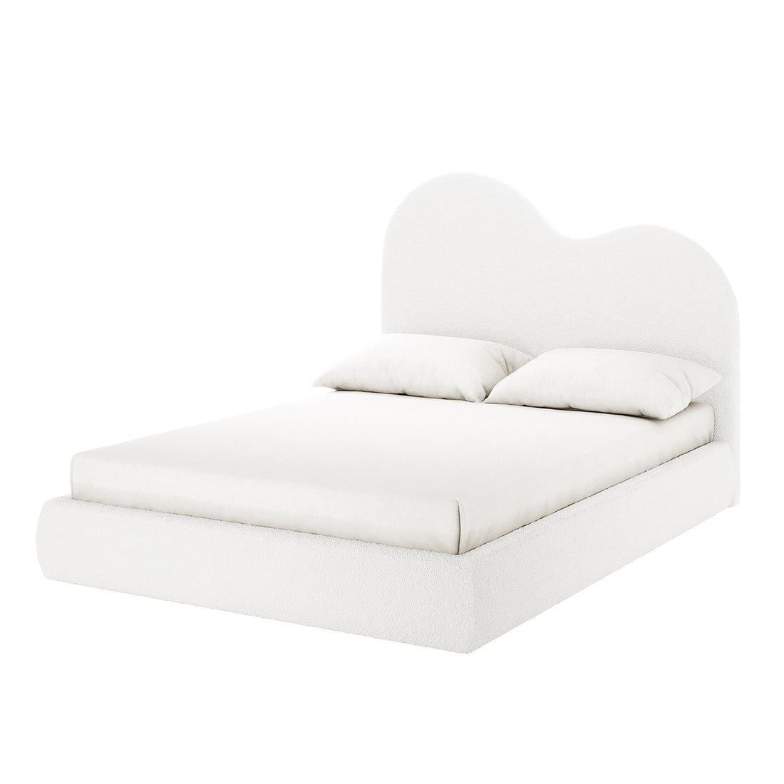 Thales Curved Boucle Bed Frame - Queen, featuring a plush curved headboard in cream white boucle fabric, on a bed with a white pillow.