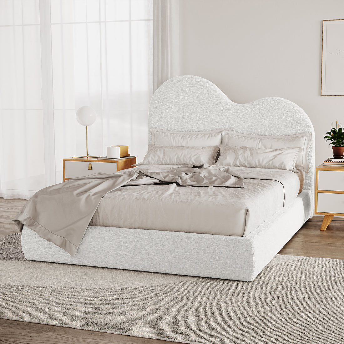 Thales Curved Boucle Bed Frame - Queen - Cream White features a curved headboard in soft boucle fabric, emphasizing modern elegance and comfort. Accentuated by the solid build and intricate design details.