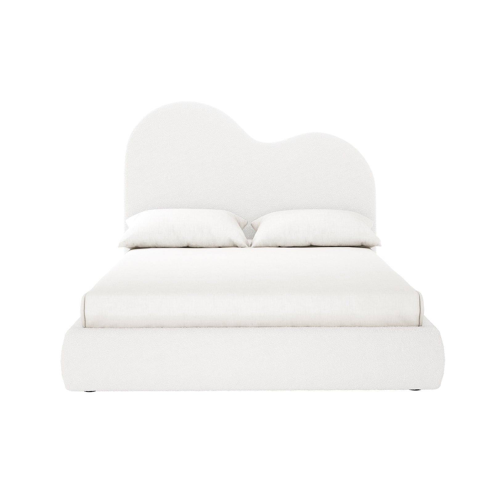 Thales Curved Boucle Bed Frame - Queen, showcases a gracefully curved headboard in boucle fabric, emphasizing modern elegance and plush comfort, set against a minimalist backdrop highlighting its sturdy structure.