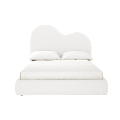 Thales Curved Boucle Bed Frame - Queen, showcases a gracefully curved headboard in boucle fabric, emphasizing modern elegance and plush comfort, set against a minimalist backdrop highlighting its sturdy structure.
