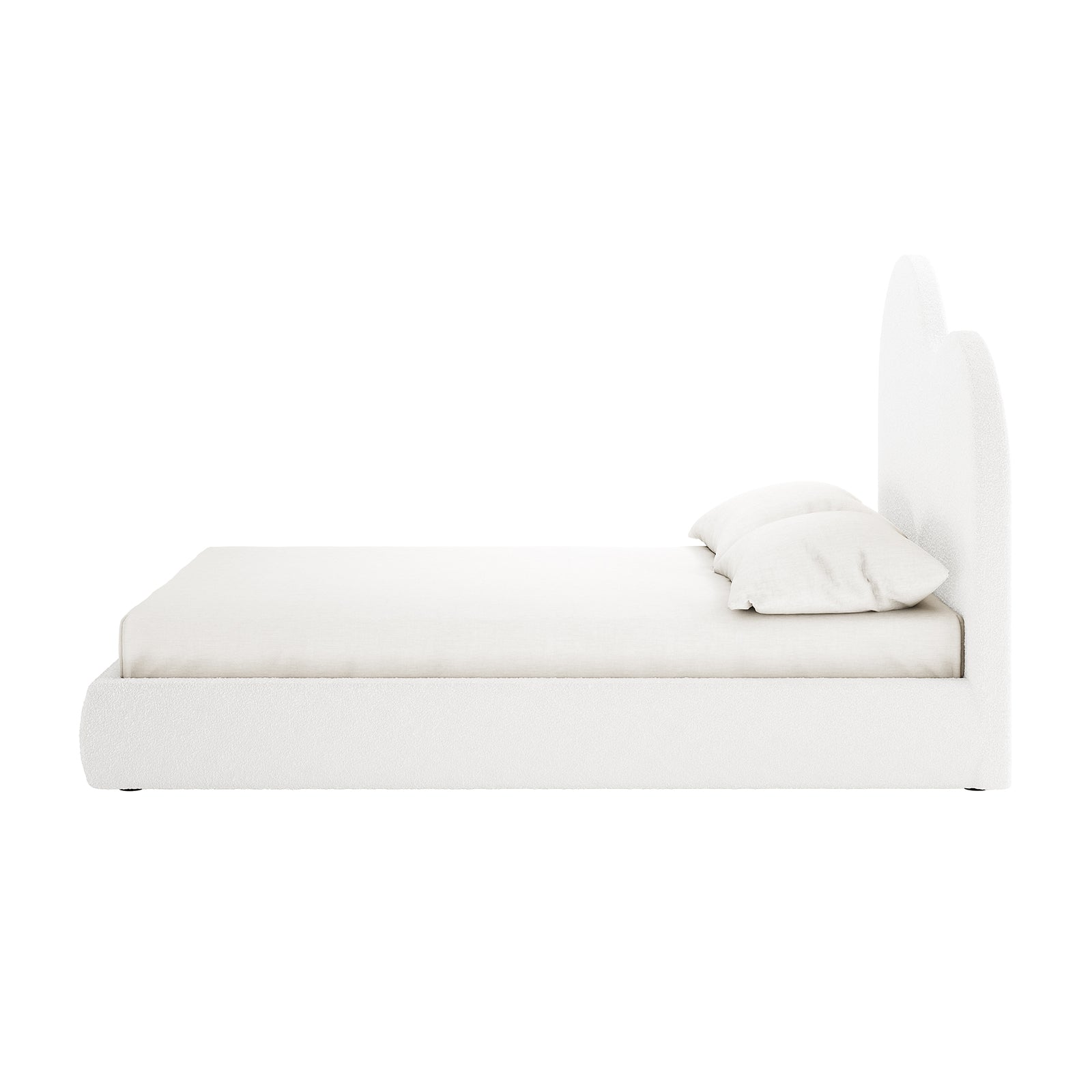 Thales Curved Boucle Bed Frame - Queen, featuring a plush curved headboard and solid wood frame, highlighted with elegant boucle texture, showcased in a sophisticated and modern bedroom setting.