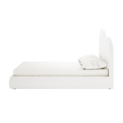 Thales Curved Boucle Bed Frame - Queen, featuring a plush curved headboard and solid wood frame, highlighted with elegant boucle texture, showcased in a sophisticated and modern bedroom setting.