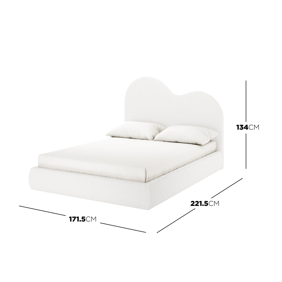 Thales Curved Boucle Bed Frame in Queen size features a plush, curved headboard with boucle fabric on a sturdy wood frame, providing a modern, elegant look in cream white.