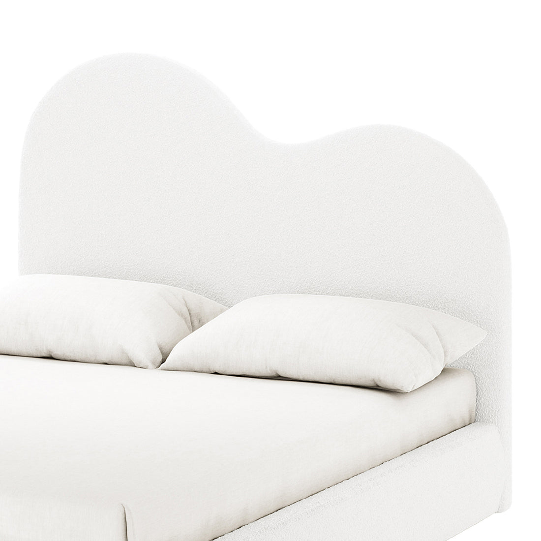 Thales Curved Boucle Bed Frame - Queen features a heart-shaped headboard, cream-white boucle fabric, and white pillow, emphasizing modern elegance and comfort.