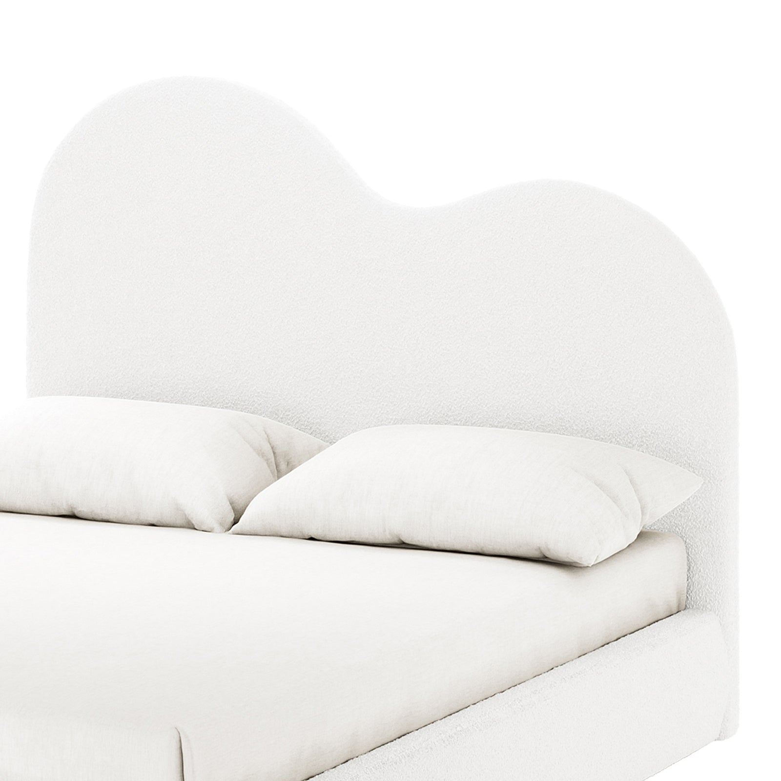 Thales Curved Boucle Bed Frame - Queen features a heart-shaped headboard, cream-white boucle fabric, and white pillow, emphasizing modern elegance and comfort.
