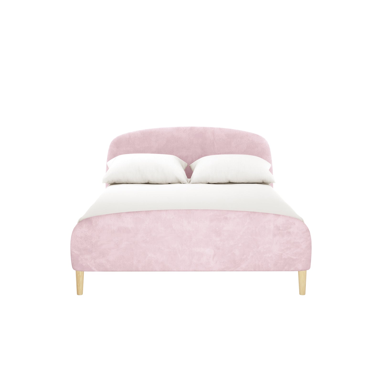 Theron Double Upholstered Velvet Bed in Light Pink features a low-profile design with a gently curved headboard, crisp white bedding, two pillows, and tapered wooden legs for modern elegance.