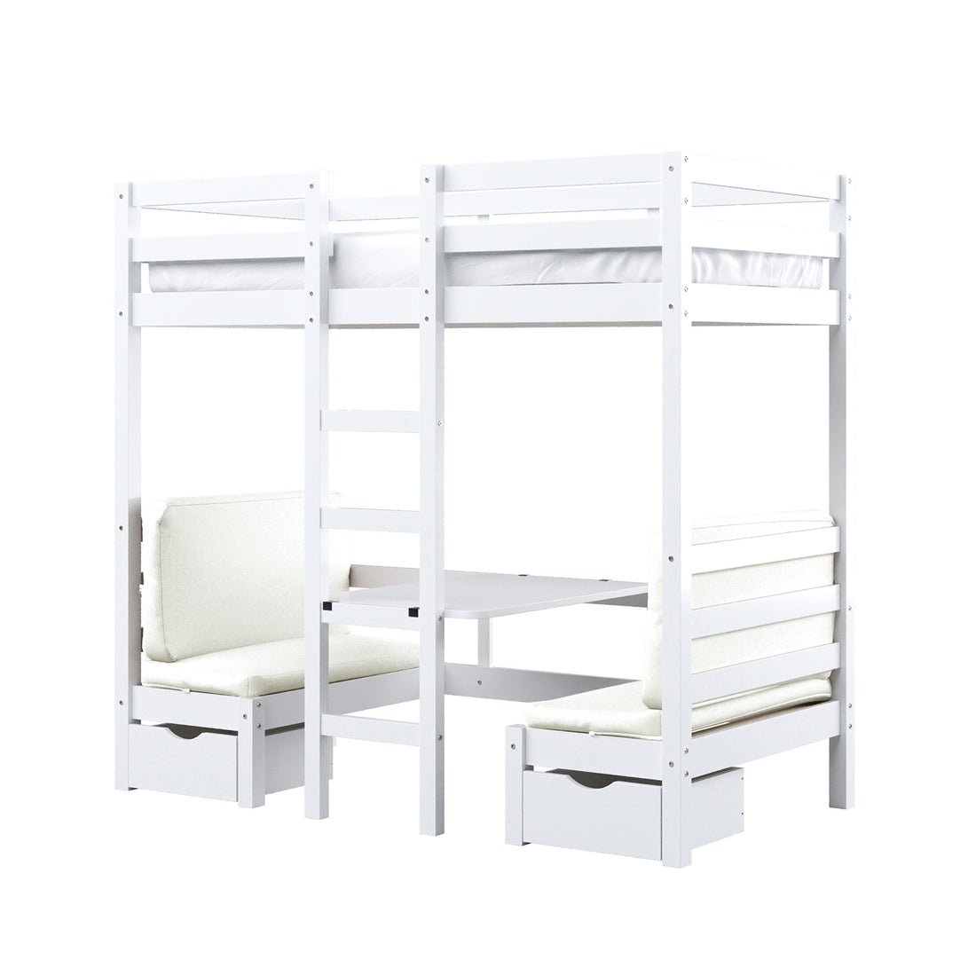 Timothy Timber Loft Bed with Table & Benches Cream White, showcasing a compact design featuring a white bunk bed with integrated table and benches, emphasizing space-saving and multifunctional use.