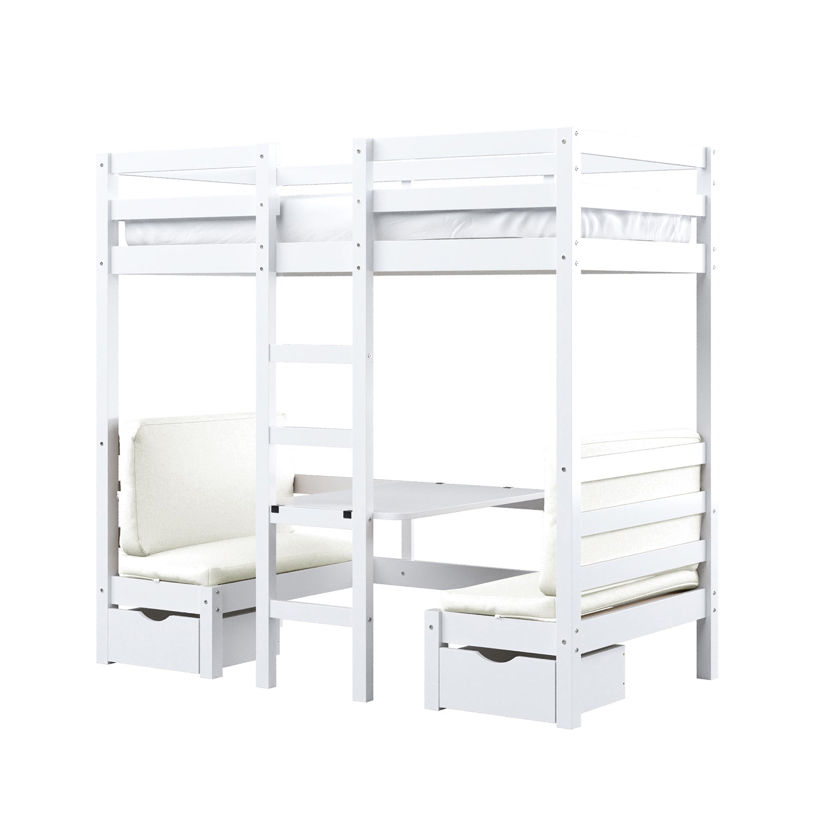 Timothy Timber Loft Bed with Table & Benches Cream White, showcasing a compact design featuring a white bunk bed with integrated table and benches, emphasizing space-saving and multifunctional use.