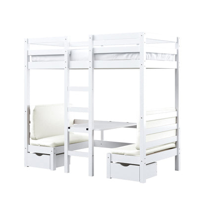 Timothy Timber Loft Bed with Table & Benches Cream White, showcasing a compact design featuring a white bunk bed with integrated table and benches, emphasizing space-saving and multifunctional use.