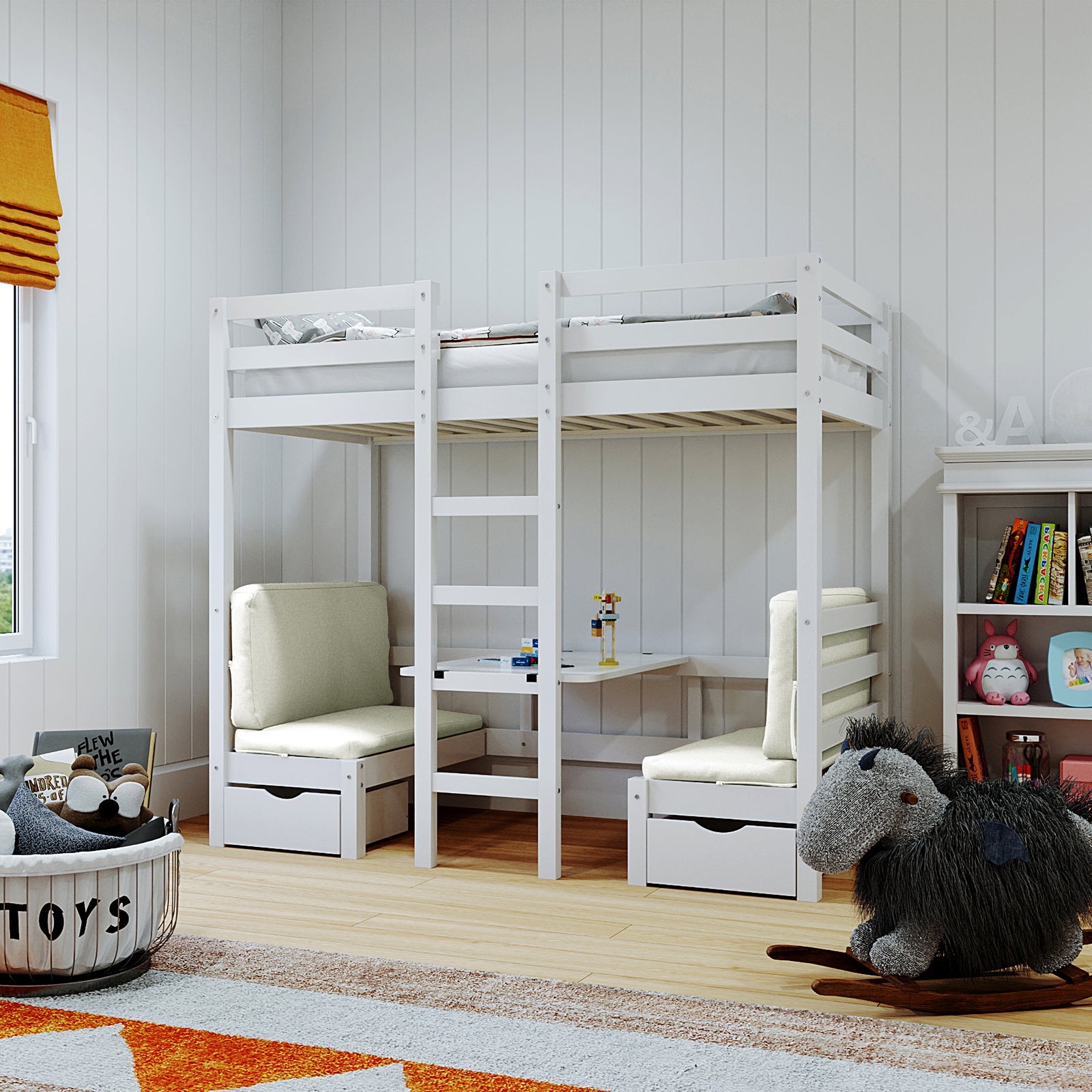 Timothy Timber Loft Bed with Table & Benches Cream White shown with a solid pine frame, integrated table, bench seating, and ladder, ideal for compact spaces requiring versatile furniture solutions.
