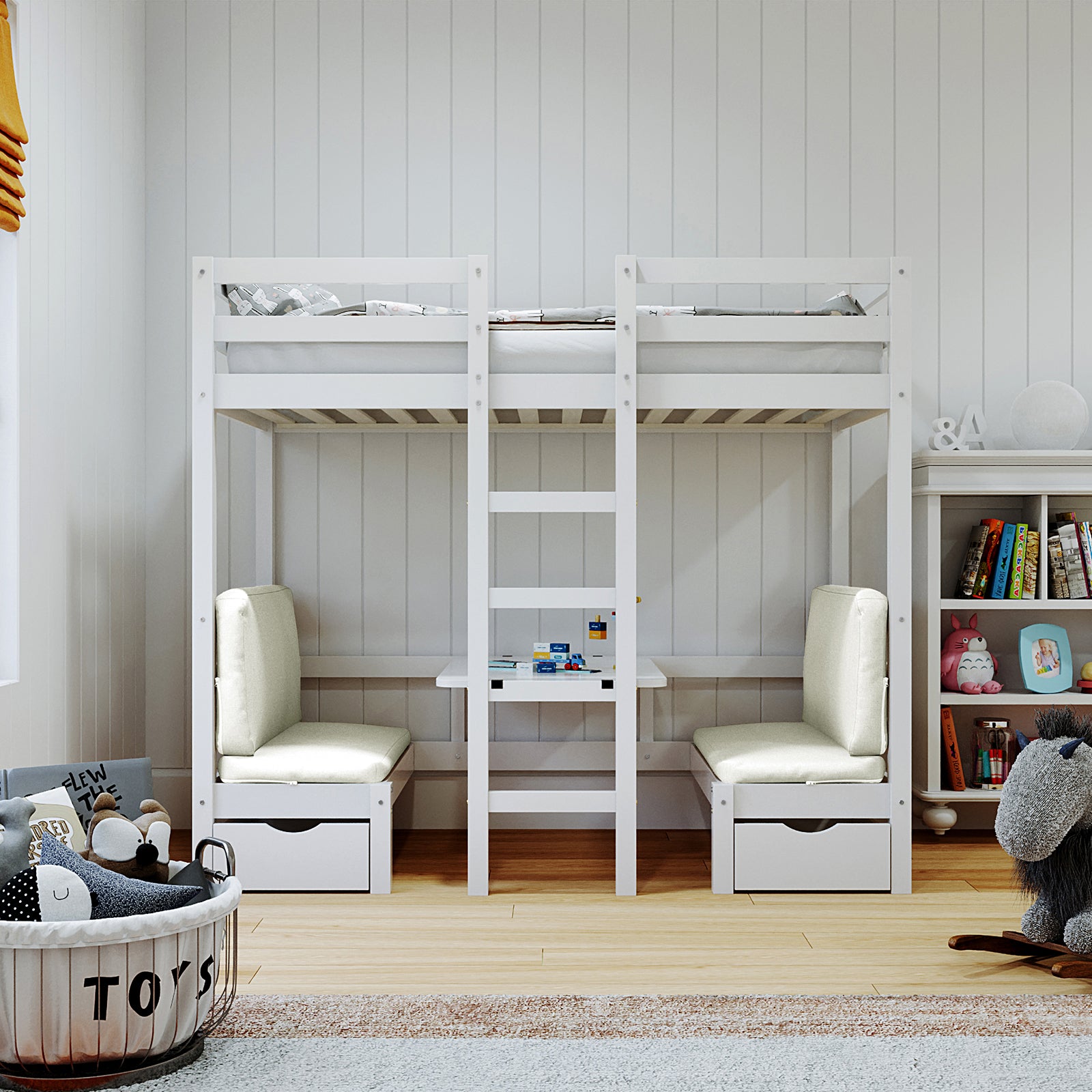 Timothy Timber Loft Bed with Table & Benches Cream White features a loft bed above, benches, and a convertible table setup, all crafted from solid pine wood for a compact, multifunctional bedroom solution.