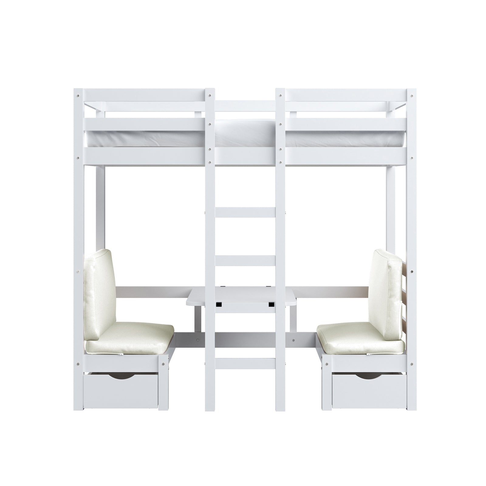 Timothy Timber Loft Bed with Table & Benches Cream White, featuring a bunk bed, integrated desk, and chairs, showcasing a compact design with functional storage and convertible seating elements.