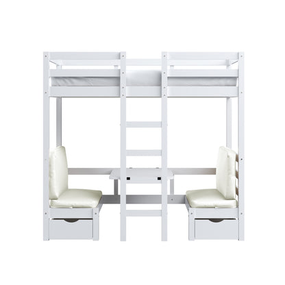 Timothy Timber Loft Bed with Table & Benches Cream White, featuring a bunk bed, integrated desk, and chairs, showcasing a compact design with functional storage and convertible seating elements.