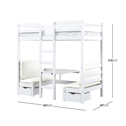 Timothy Timber Loft Bed with Table & Benches features a white bunk bed with integrated table and benches, showcasing a compact, versatile design perfect for maximizing bedroom space.
