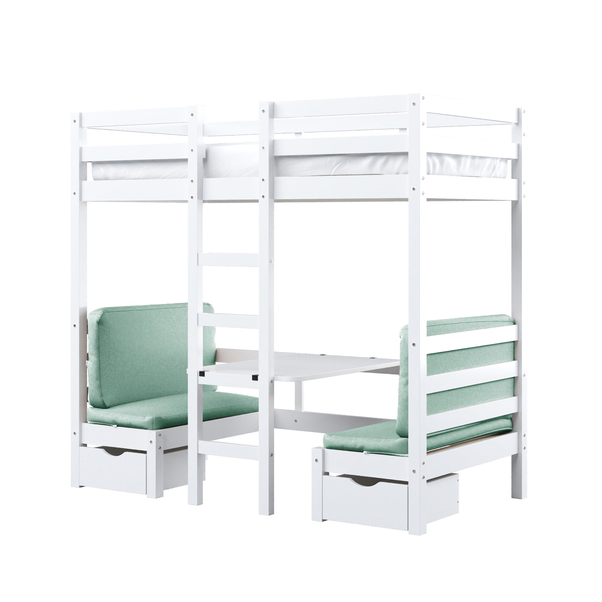 Timothy Solid Pine Loft Bed with Desk in Mint Green features a white wooden frame, loft-style bed with guard rails, central ladder, desk, and mint-green upholstered benches with storage drawers underneath.