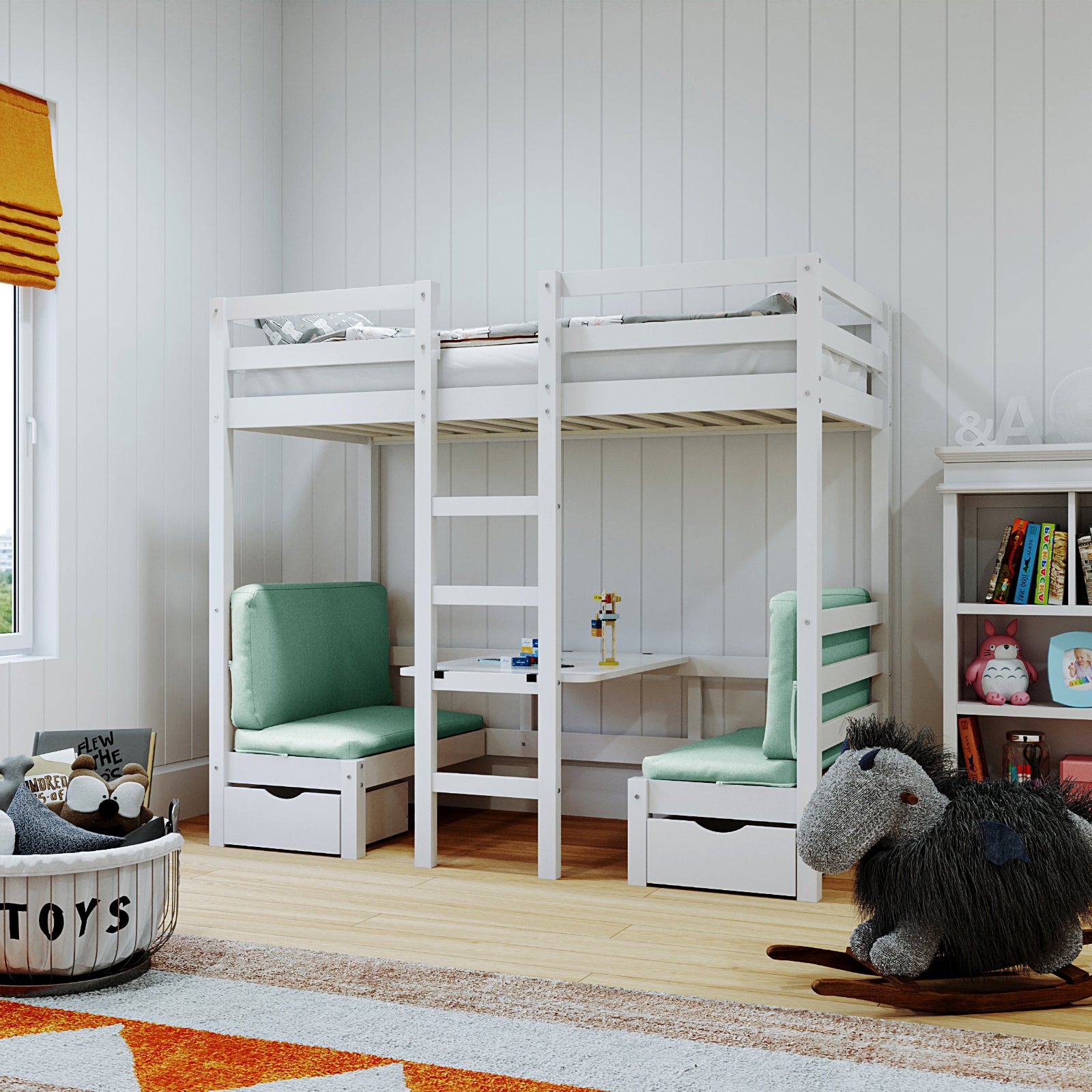 Timothy Solid Pine Loft Bed with Desk in Mint Green features a twin-sized top bunk, central ladder, seating/study nook with cushioned chairs, pull-out drawers, and a corner table below.