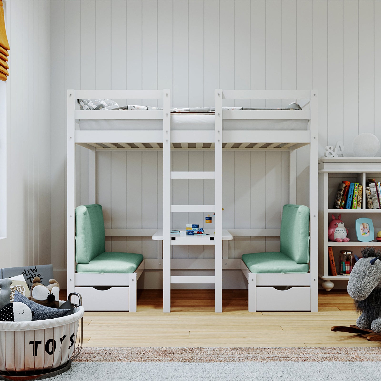 Timothy Solid Pine Loft Bed with Desk in Mint Green features a twin-size loft bed with a ladder, cushioned bench seats, a pull-out table below, and integrated storage drawers, enhancing functionality and space efficiency.