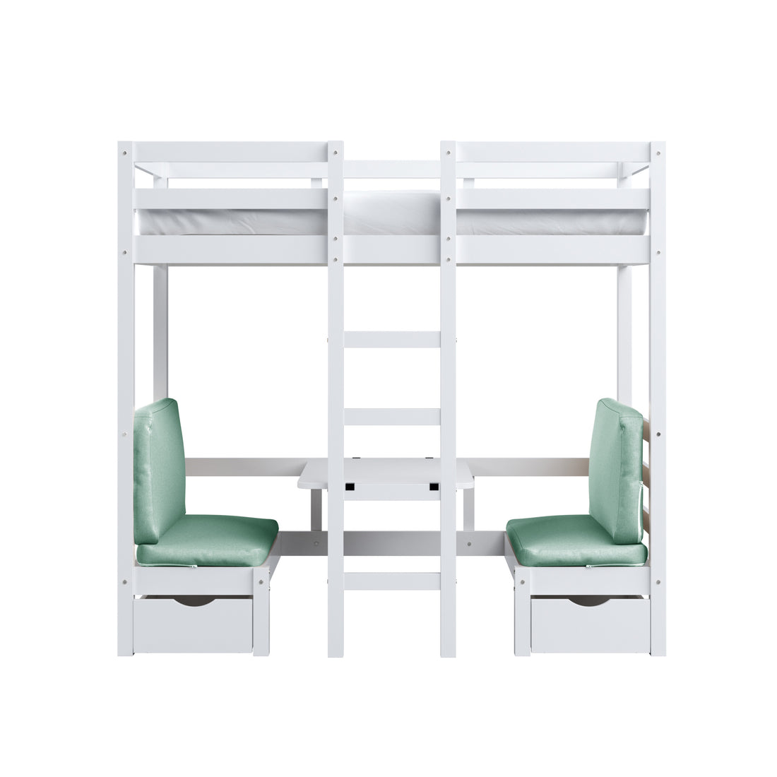 Timothy Solid Pine Loft Bed with Desk in Mint Green features a white wooden loft bed with a central ladder, top mattress, and a workspace below with two green-upholstered benches and storage drawers.