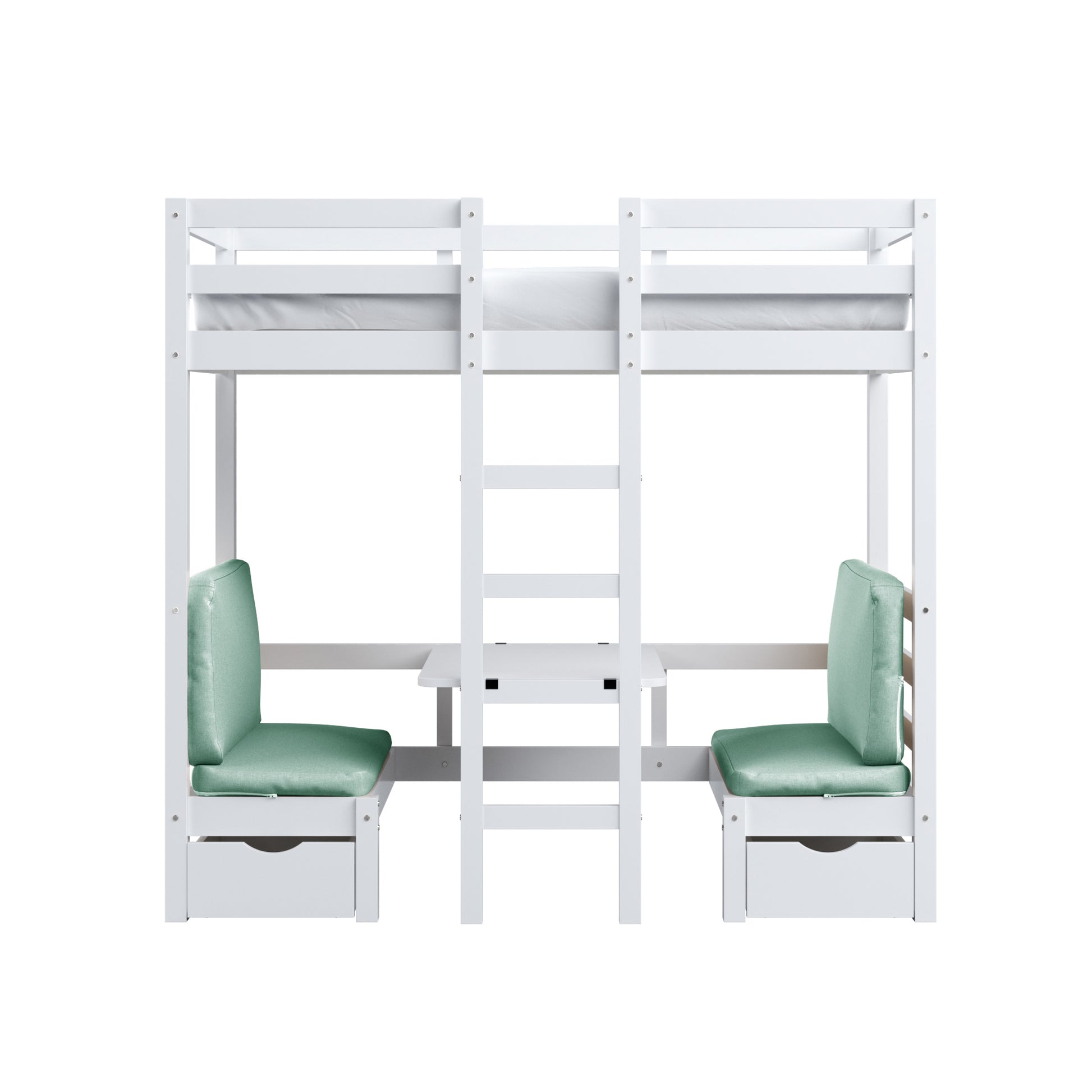 Timothy Solid Pine Loft Bed with Desk in Mint Green features a white wooden loft bed with a central ladder, top mattress, and a workspace below with two green-upholstered benches and storage drawers.