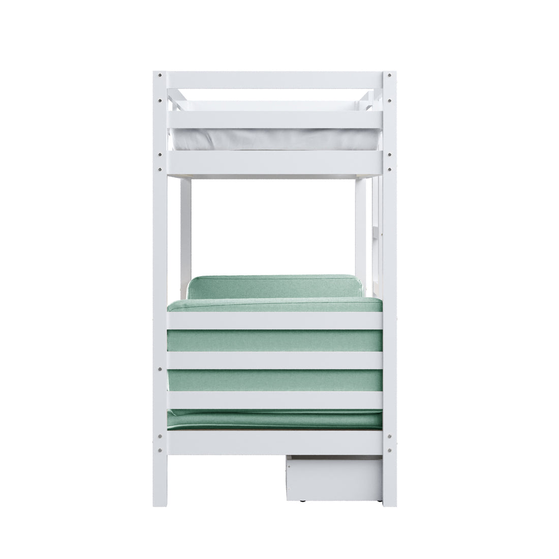 Timothy Solid Pine Loft Bed with Desk in Mint Green features a white wooden frame with an upper mattress, lower sofa-style cushion, ladder, and storage drawer, showcasing its compact, multifunctional design.