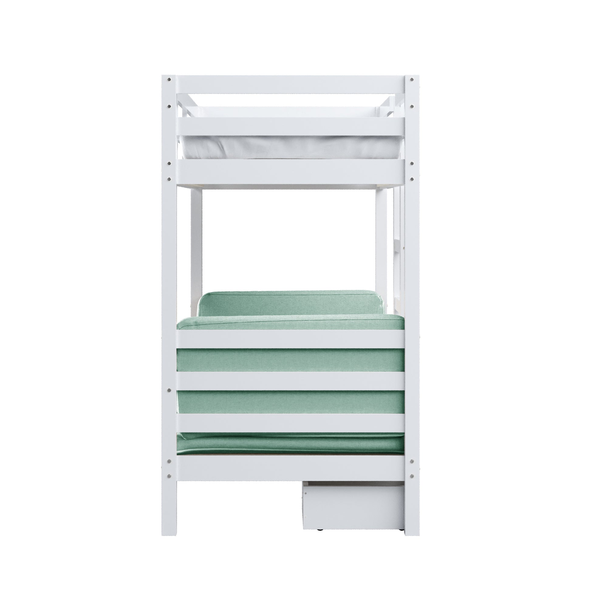 Timothy Solid Pine Loft Bed with Desk in Mint Green features a white wooden frame with an upper mattress, lower sofa-style cushion, ladder, and storage drawer, showcasing its compact, multifunctional design.