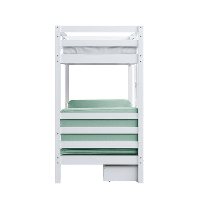 Timothy Solid Pine Loft Bed with Desk in Mint Green features a white wooden frame with an upper mattress, lower sofa-style cushion, ladder, and storage drawer, showcasing its compact, multifunctional design.