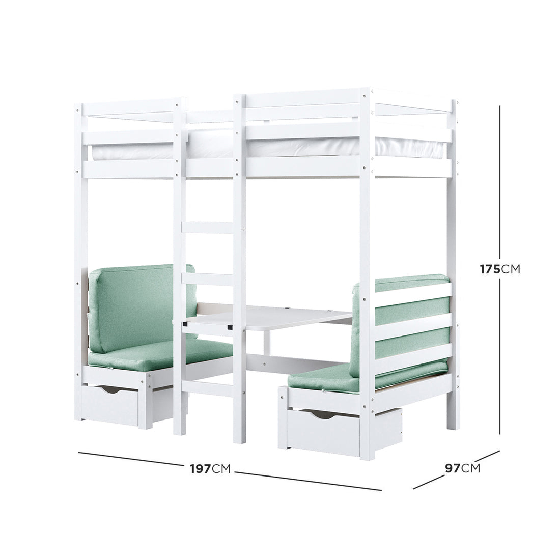 Timothy Solid Pine Loft Bed with Desk in Mint Green features a white wooden frame, elevated bed, fixed ladder, mint-green cushioned benches, tabletop, and pull-out storage drawers, all beneath the loft.