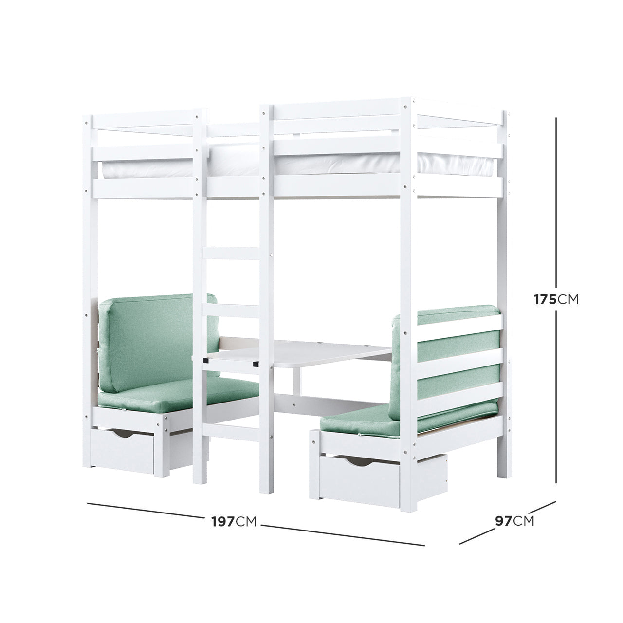 Timothy Solid Pine Loft Bed with Desk in Mint Green features a white wooden frame, elevated bed, fixed ladder, mint-green cushioned benches, tabletop, and pull-out storage drawers, all beneath the loft.