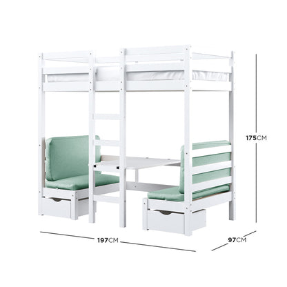 Timothy Solid Pine Loft Bed with Desk in Mint Green features a white wooden frame, elevated bed, fixed ladder, mint-green cushioned benches, tabletop, and pull-out storage drawers, all beneath the loft.