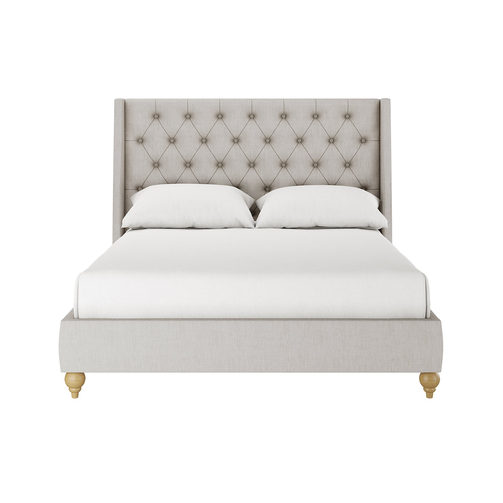 Vilania Tufted Fabric Bed Frame - Double - Grey with a plush tufted headboard and solid wood frame visible, emphasizing its premium grey upholstery and sturdy construction.