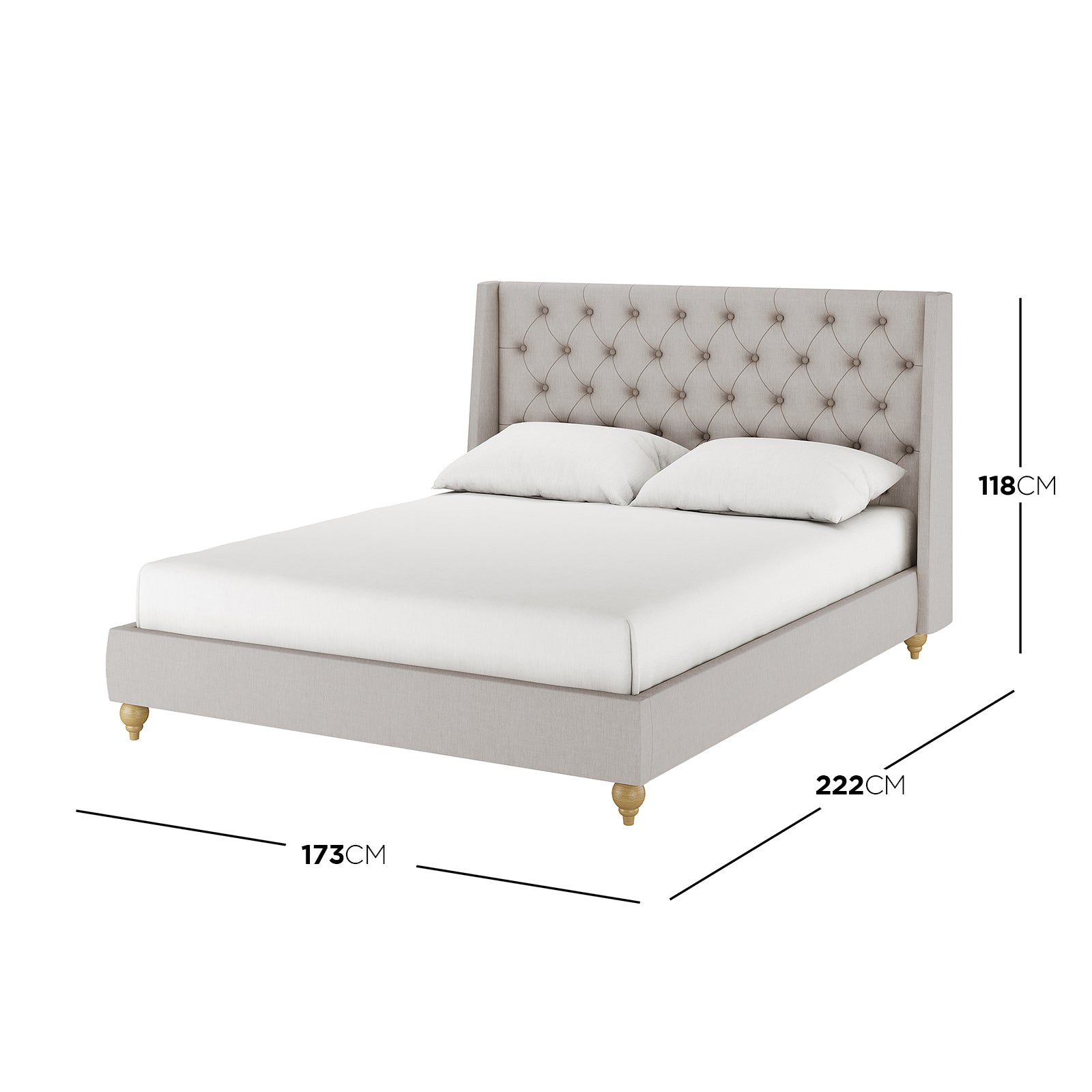 Vilania Tufted Fabric Bed Frame - Queen - Grey shown with a close-up of white pillows on a bed, highlighting its plush tufted headboard and elegant grey fabric finish.