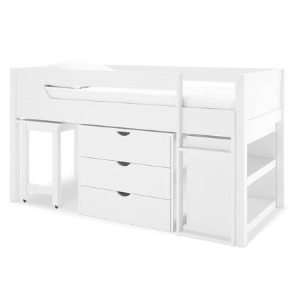 Yuri Solid Pine Storage Loft Bed with Pull Out Desk in White features a raised bed with a front guard-rail, central three-drawer chest, left rolling table, and right open shelving for efficient space use.