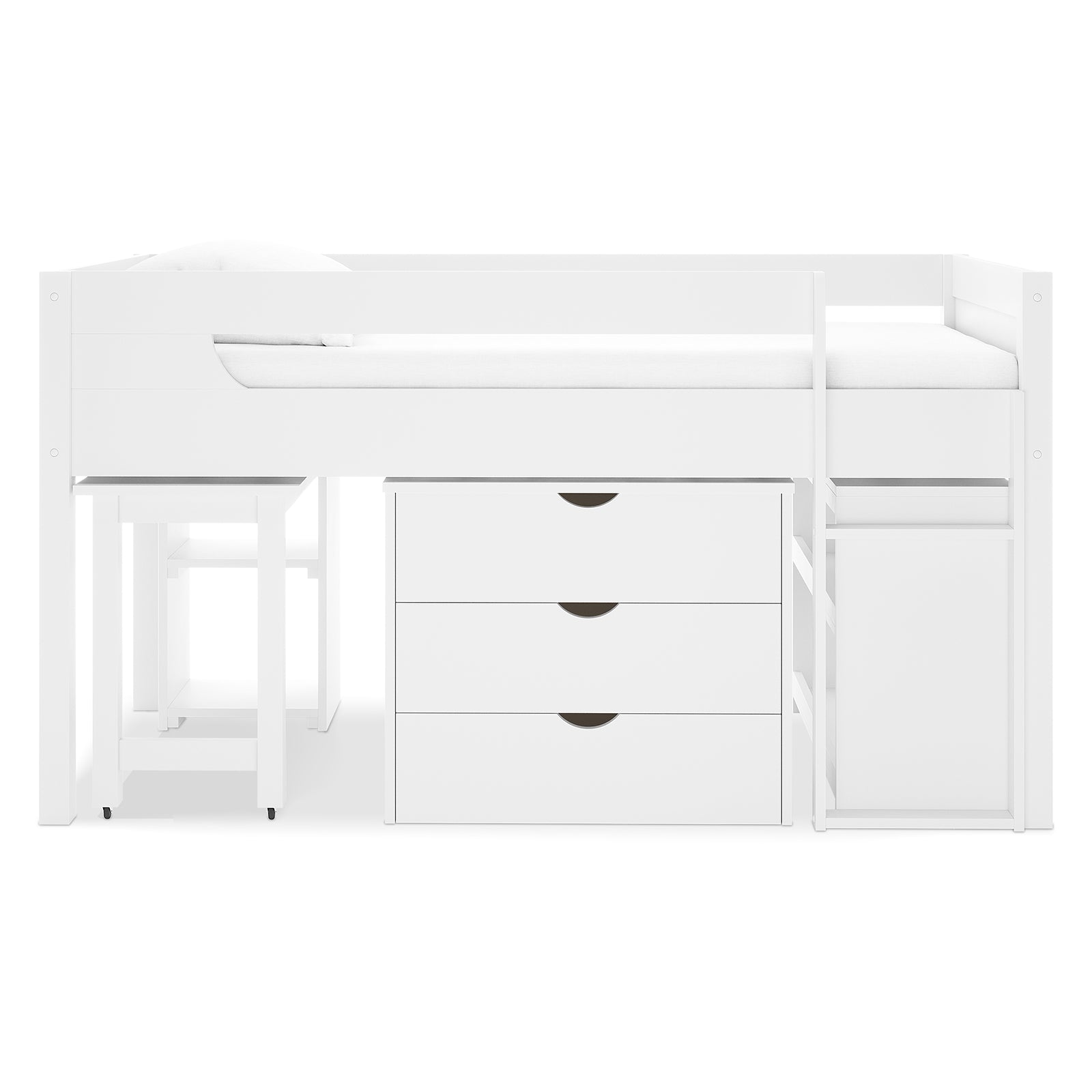 Yuri Solid Pine Storage Loft Bed with Pull Out Desk in White, featuring a raised platform with safety rails, a built-in three-drawer chest, pull-out desk with stool, and cubby shelf underneath.