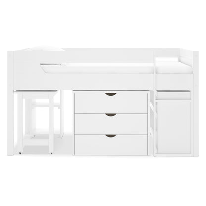 Yuri Solid Pine Storage Loft Bed with Pull Out Desk in White, featuring a raised platform with safety rails, a built-in three-drawer chest, pull-out desk with stool, and cubby shelf underneath.