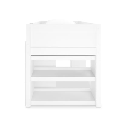 Yuri Solid Pine Storage Loft Bed with Pull Out Desk in White featuring a loft-style single bed on side panels and two wide shelves underneath, ideal for storage or a compact desk area.