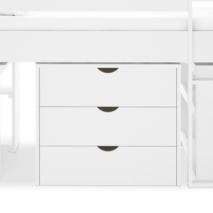 Yuri Solid Pine Storage Loft Bed with Pull Out Desk in White, featuring a white three-drawer storage unit under a lofted bed with semi-circular recessed pull cutouts for each drawer.