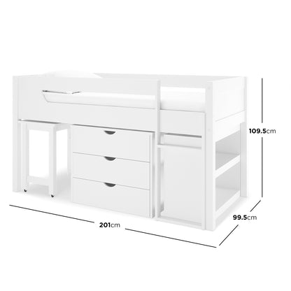 Yuri Solid Pine Storage Loft Bed with Pull Out Desk in White, featuring a raised bed, three-drawer chest, rolling stool, and open shelving underneath, perfect for maximizing space and functionality.