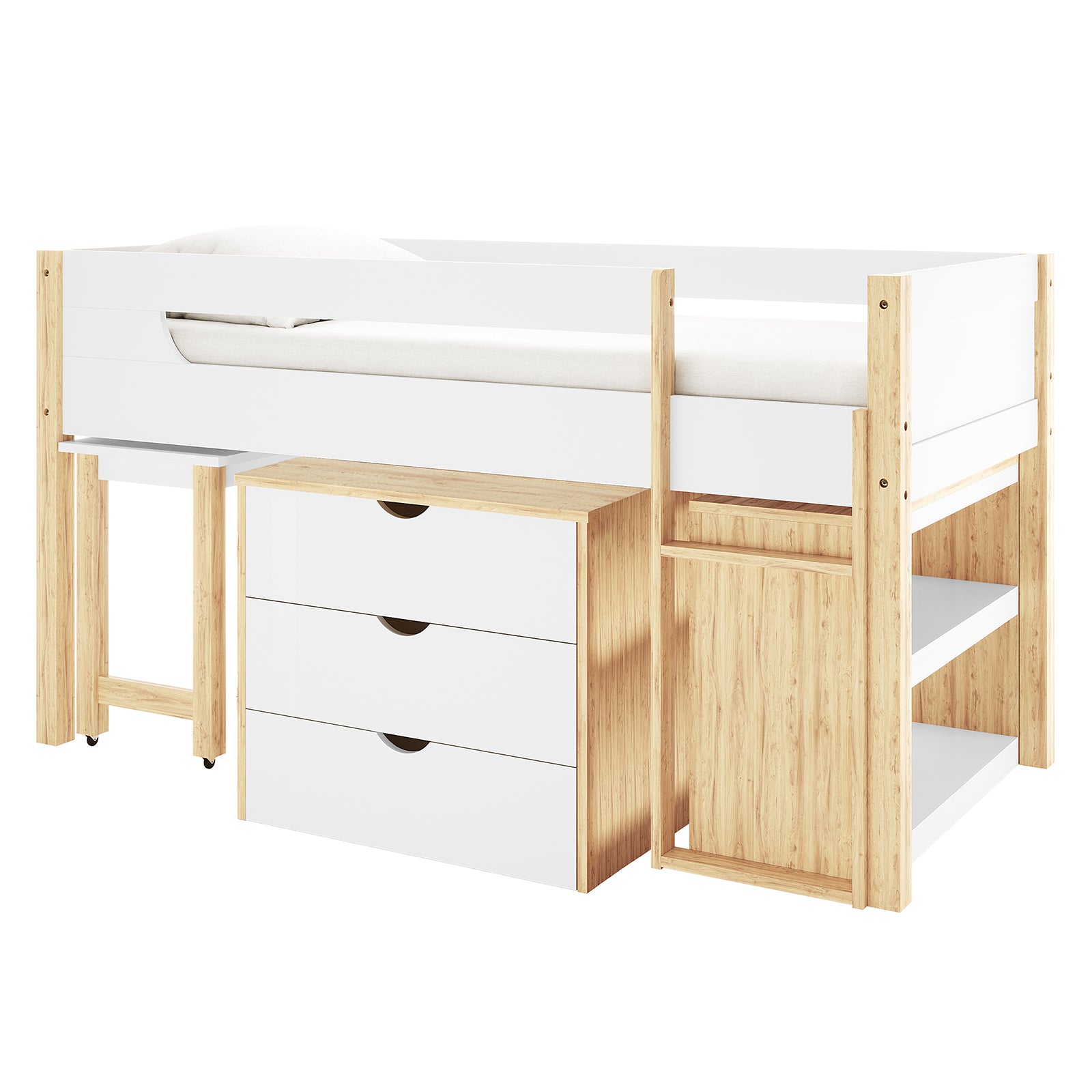 Yuri Storage Loft Bed with Pull Out Desk in White & Natural features a loft-style bed frame with integrated dresser, built-in ladder, pull-out desk on casters, and open shelves for organized storage.