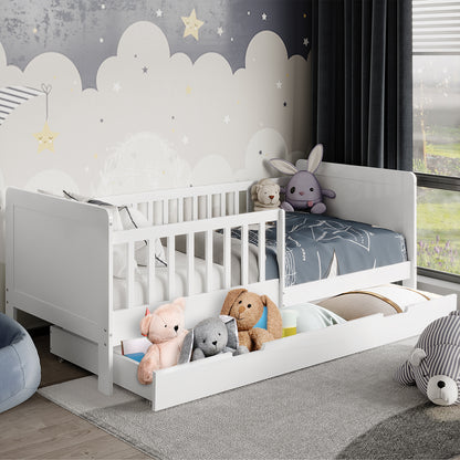 Zane Kids Solid Pine Timber Single Bed w/ Drawer - White featuring a low guardrail, pull-out trundle, two mattresses, plush toys, and whimsical mural. Ideal for style and functionality in children's rooms.