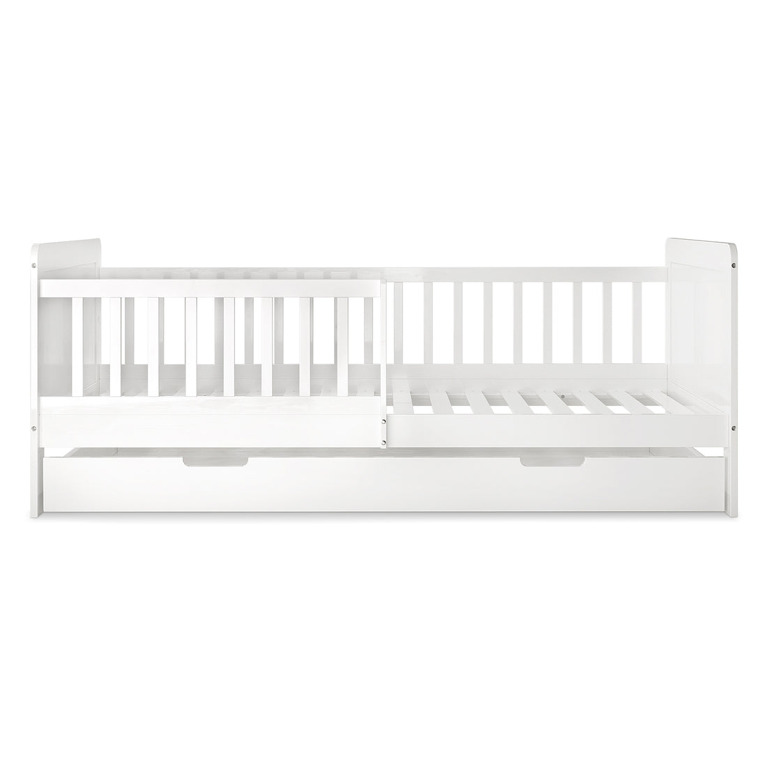 Zane Kids Solid Pine Timber Single Bed w/ Drawer - White, featuring a slatted design, partial safety rail, and built-in pull-out storage drawer, crafted from solid pine wood for durability and modern minimalist appeal.